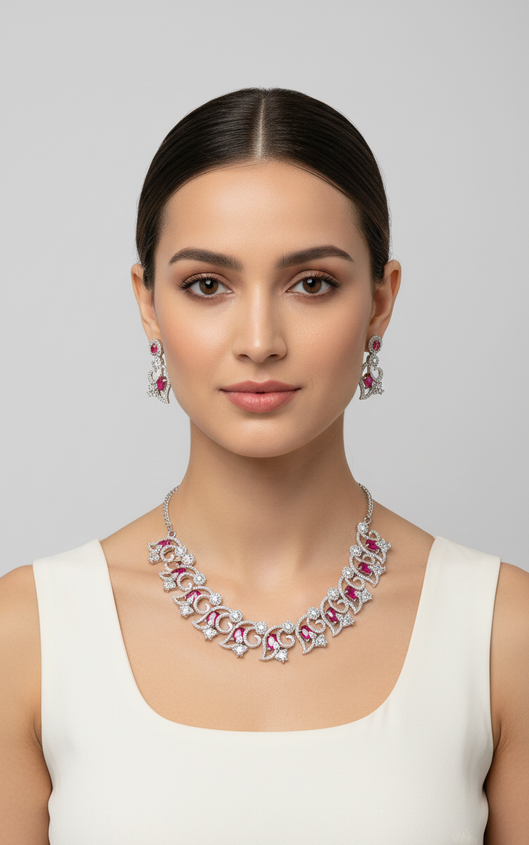 Silver Plated Ruby Necklace Set